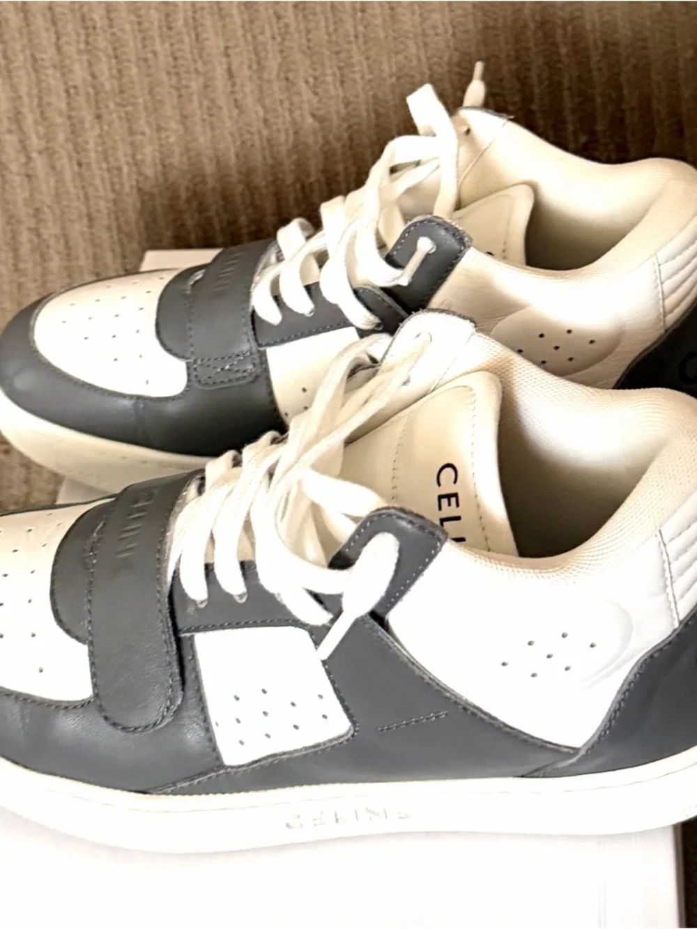 Celine White and Gray Leather Mid- Top Sneakers - Picture 2 of 7